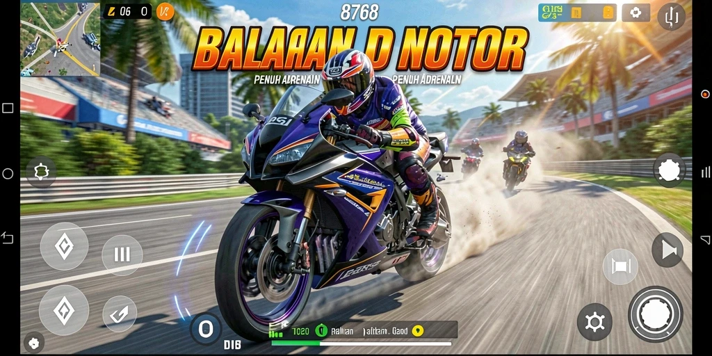 Screenshot gameplay yang menunjukkan aksi balapan motor yang seru.