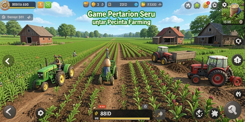 Screenshot gameplay 88ID menampilkan kebun yang subur dan hewan ternak yang sehat.