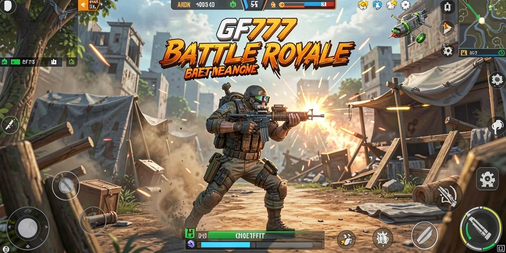 Screenshot GF777 menampilkan pertarungan intens dalam arena Battle Royale.