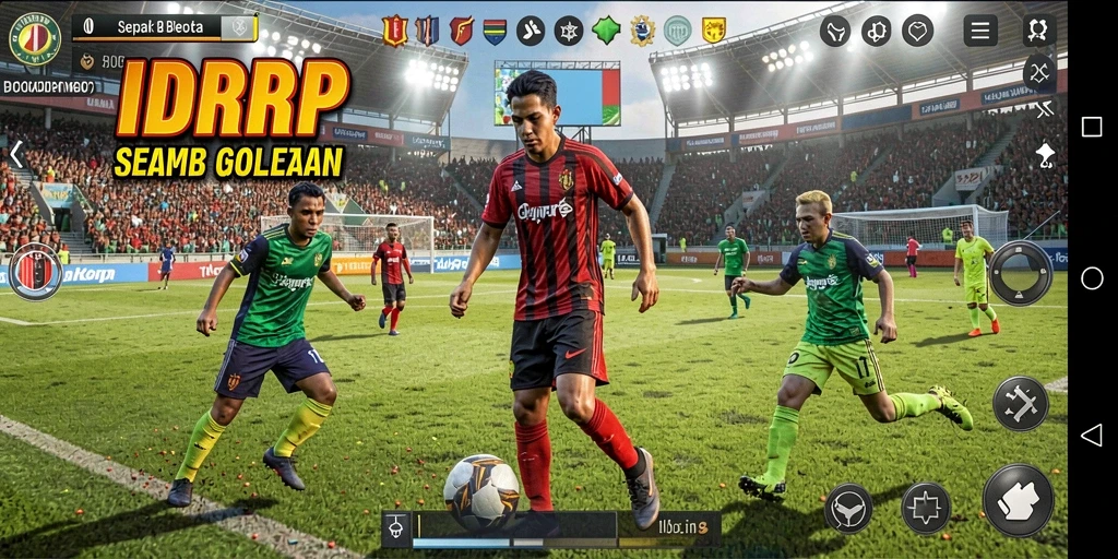 Tampilan gameplay <strong>IDRRP</strong> menunjukkan aksi sepak bola yang dinamis dan mendebarkan.