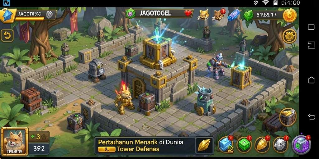 Screenshot gameplay JAGOTOGEL menampilkan menara yang bertahan melawan gelombang musuh.