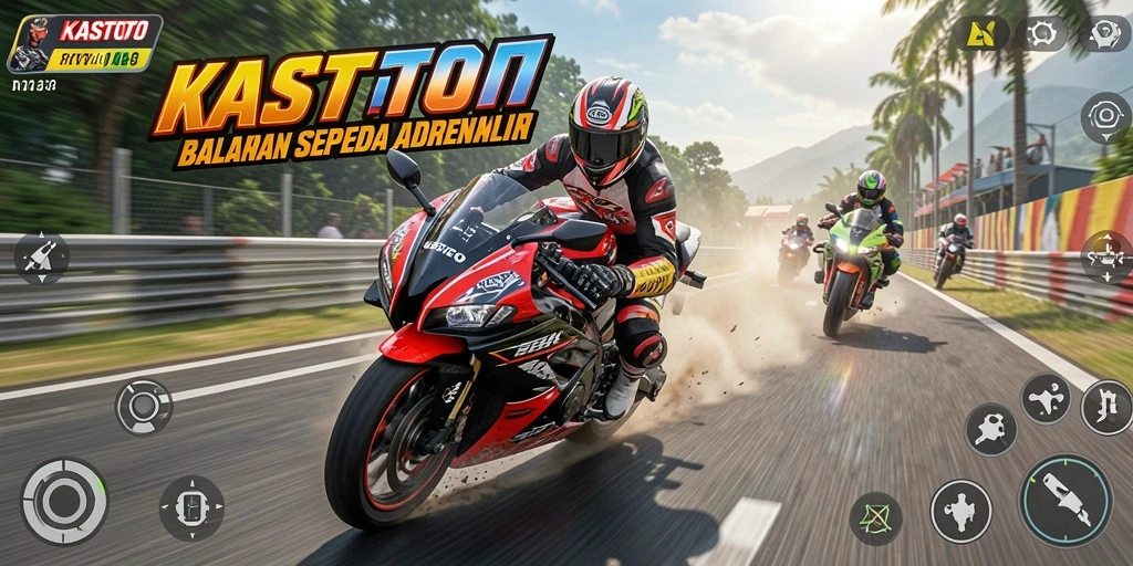 Tampilan utama gameplay KASTOTO dengan aksi balapan motor yang intens.