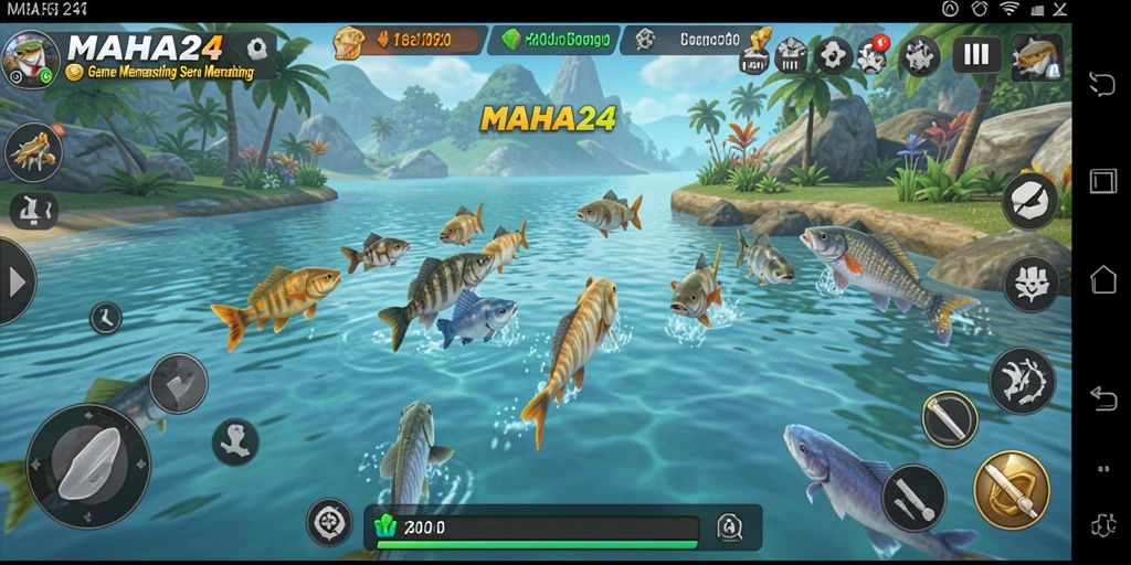 Tampilan gameplay MAHA24 dengan suasana memancing yang tenang.