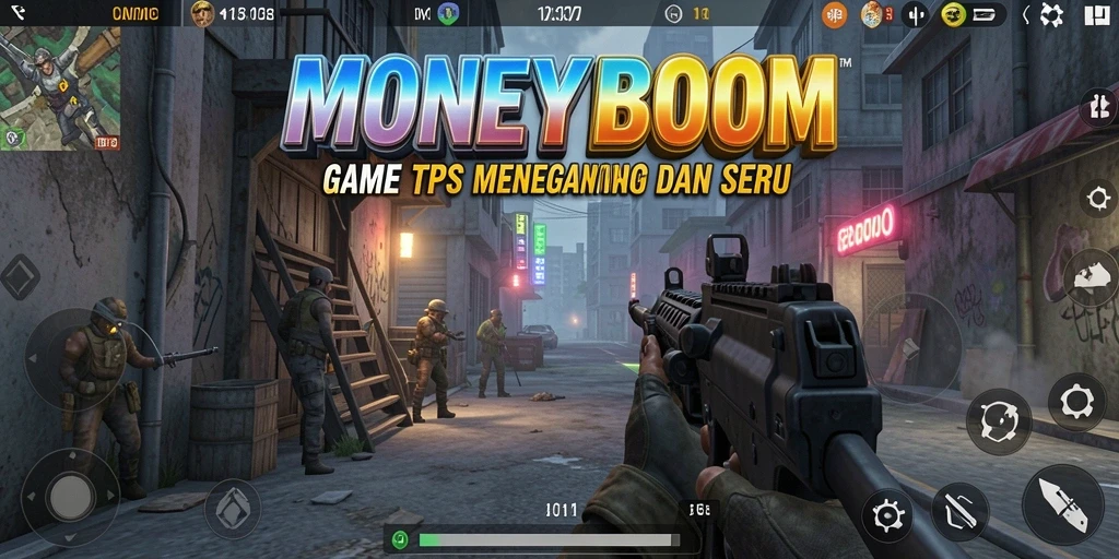 Screenshot MONEYBOOM menampilkan aksi menegangkan dalam game TPS.