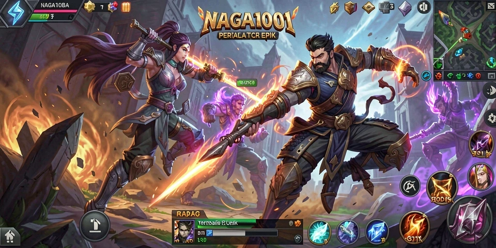Screenshot gameplay NAGA1001 menampilkan aksi pertempuran yang mendebarkan di arena.