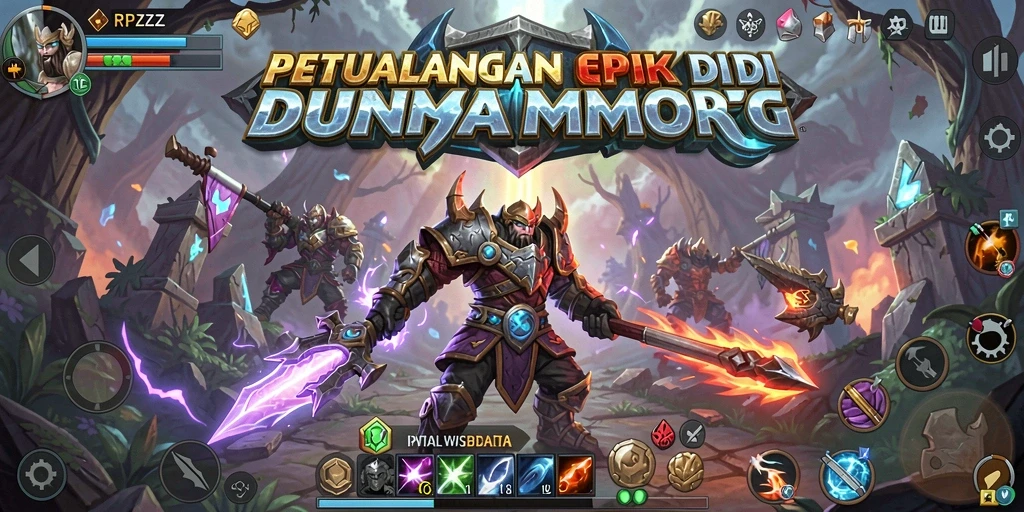 Screenshot utama RPZZZ menunjukkan pertarungan epik di dunia MMORPG.