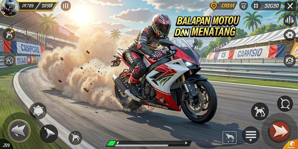 Screenshot gameplay <strong>RR789</strong> menampilkan aksi balapan motor yang mendebarkan.