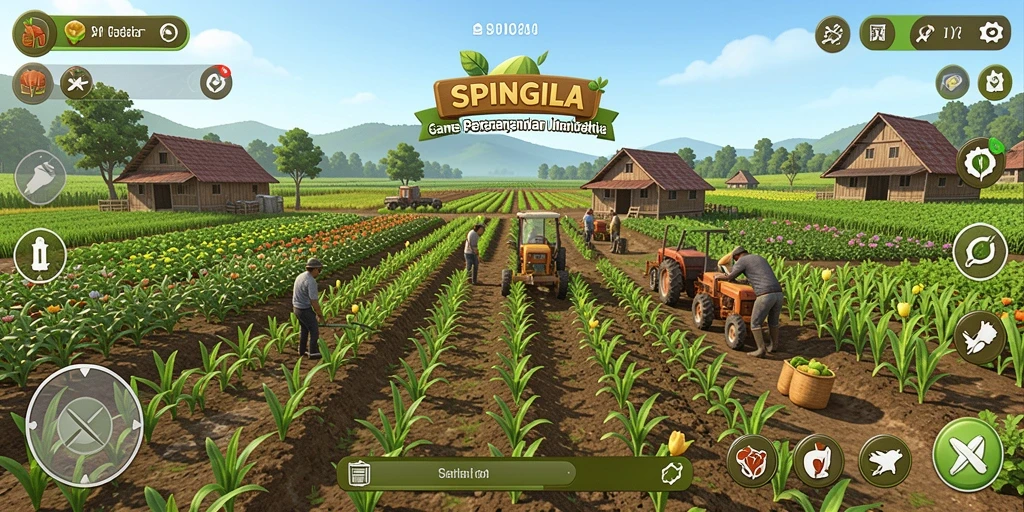 Screenshot gameplay SPINGILA dengan pertanian yang hidup dan berwarna.