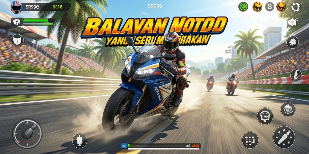 Screenshot gameplay SR996 menampilkan aksi balapan motor yang mendebarkan.