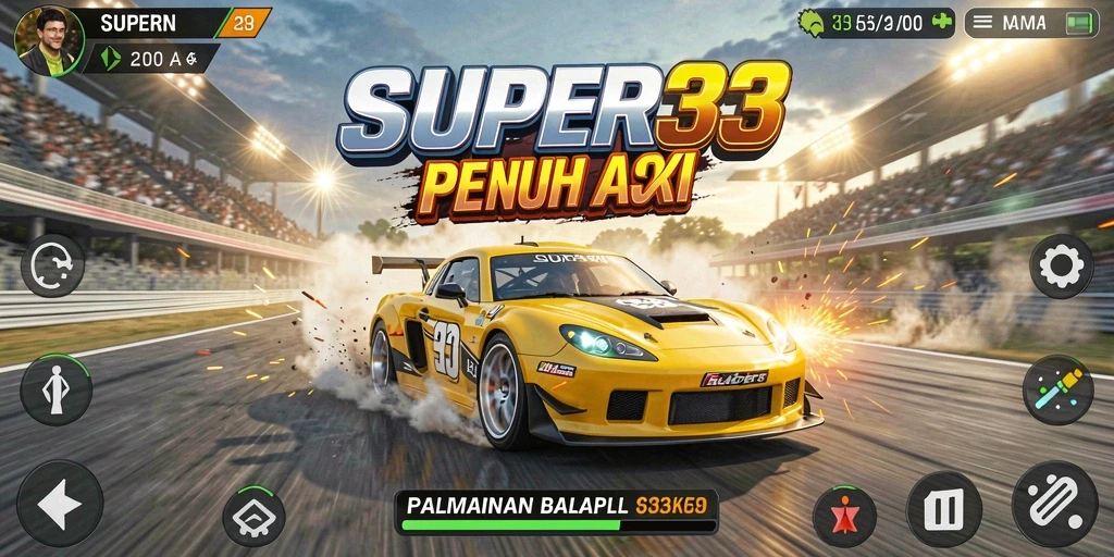 Tangkapan layar SUPER33 menunjukkan aksi balapan yang mendebarkan dengan mobil berjalan cepat.