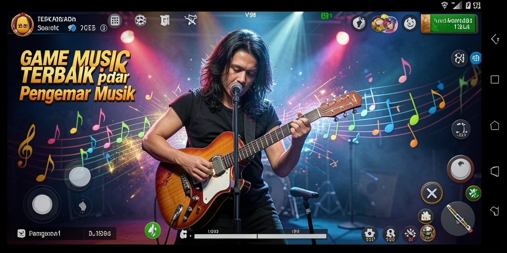 Tangkapan layar V98 menunjukkan gameplay musik yang seru dan interaktif.